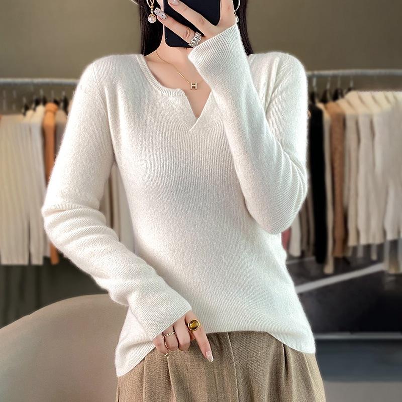 

Осень и зима новый свитер с длинным рукавом однотонный приталенный базовый топ с круглым V-образным вырезом женский вязаный свитер джемпер XXL