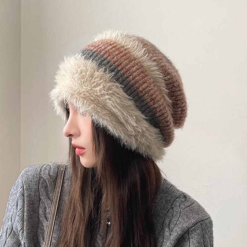 

Women Autumn Winter Warm Thicken Ear Protector Hat Cold Fur Velvet Outdoor Pile Pile Cap Sweet Cute Stripe Hats One Size хаки