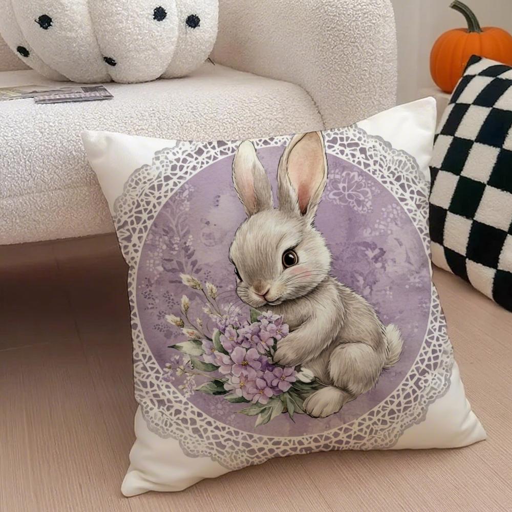 Religious Global Holiday Art Easter Rabbit Cushion Cover Throw Pillow Cover Hidden Button Durable Polyester Chair Cushion