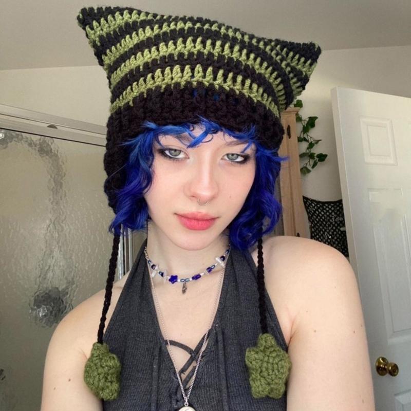 Girl Cartoon Kitten Ear Striped Knit Beanie Hat Y2K Star Party Hat Photo Props Hot Girl Cute Slouchy Knitting Hat
