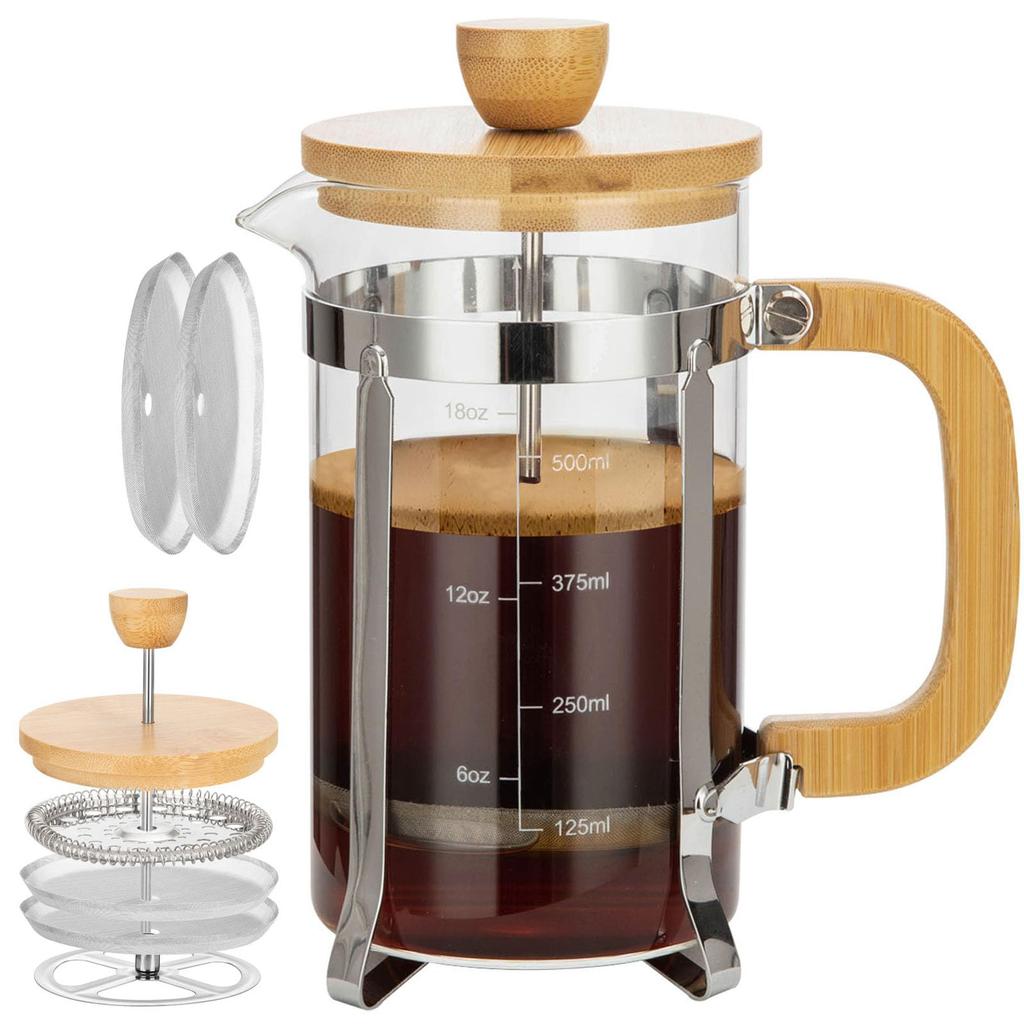 350/600ml French Press Coffee Maker,Durable Bamboo Lid Handle Coffee Pot With Filter System,Heat Resistant BPA-Free Glass Teapot