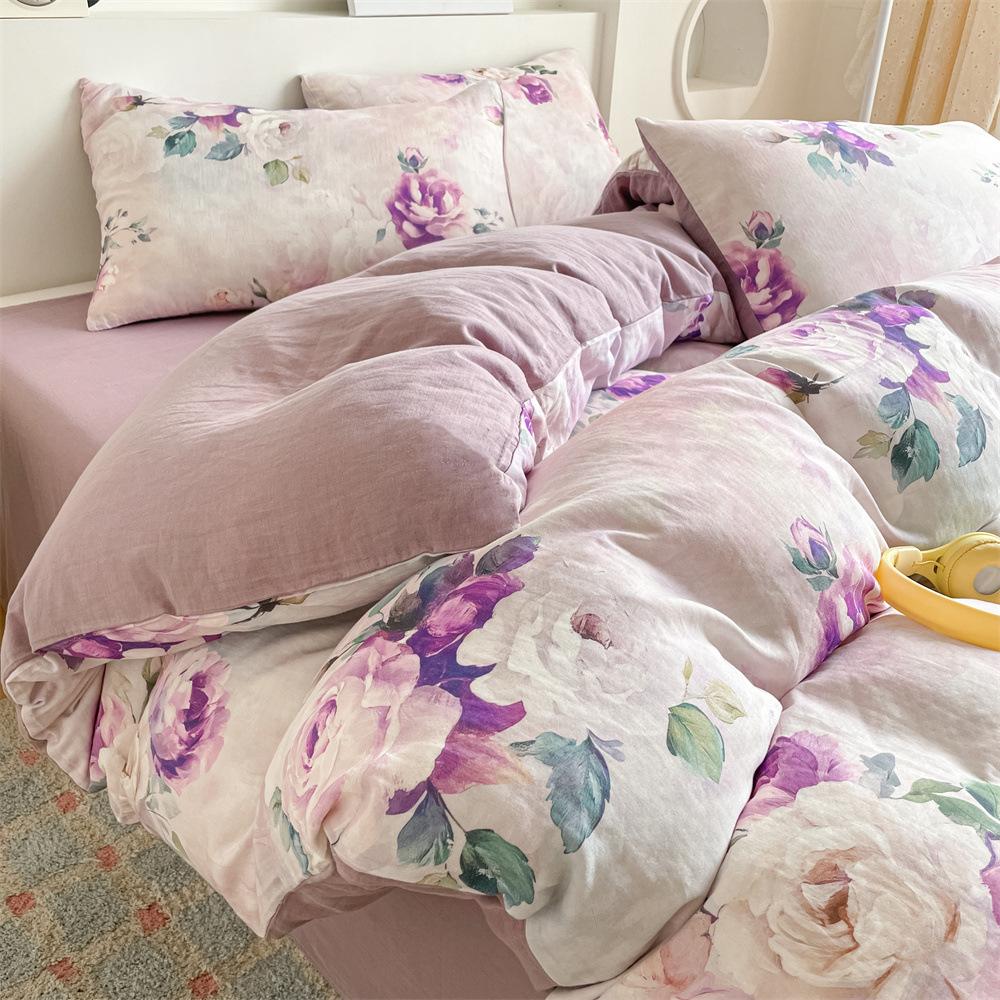 Pure Cotton Class A Maternal And Infant Grade Double-Layer Yarn Four-Piece Set, Summer Breathable Small Floral Dormitory Can Be Washed Without Pilling