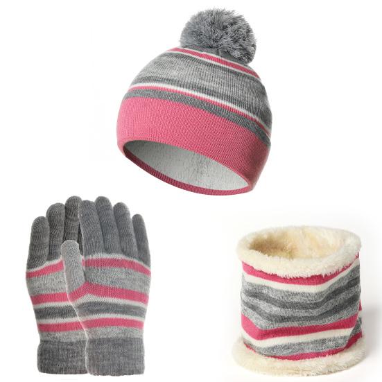 Kids Winter Woolen Yarn Knitted Pompom Hat Beanie Neck Scarf Gloves Warm Set