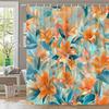 1Pc Extra Long Floral Shower Curtain - Orange Lilies & Green Leaves On Pastel Blue & Yellow Background, Impressionistic Brushstr