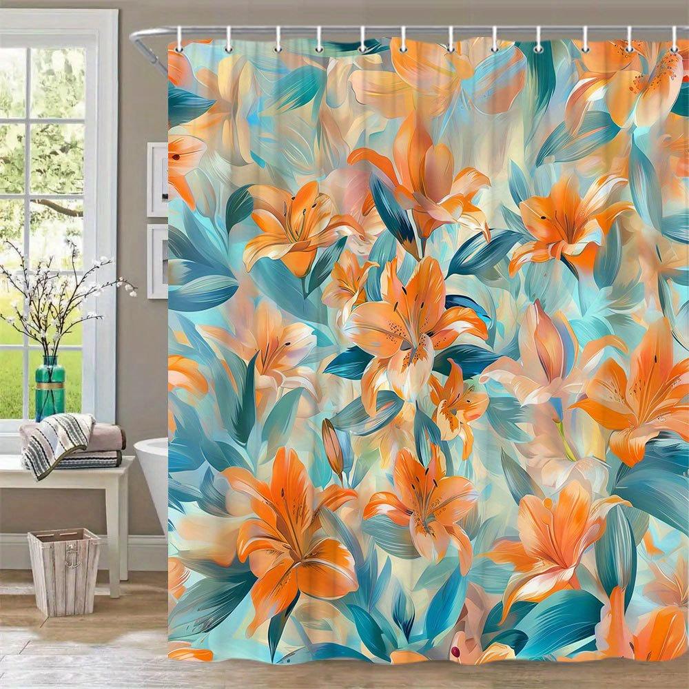 1Pc Extra Long Floral Shower Curtain - Orange Lilies & Green Leaves On Pastel Blue & Yellow Background, Impressionistic Brushstr