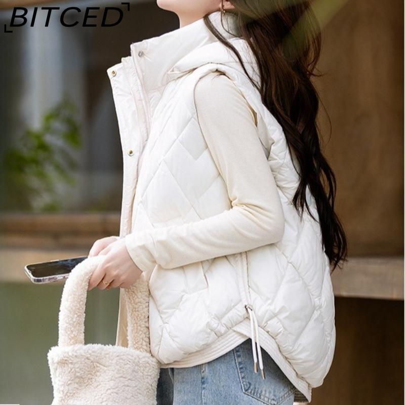 BITCED Women's Autumn/Winter Quilted Down Vest - Elegant Hooded Cotton Jacket, Short-Sleeved Waistcoat, Diamond-Quilted Vest