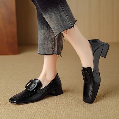 Mode 2024 Frühling Damen Loafer Eckige Zehenpartie Klobiger Absatz Damenschuhe Echte Lederschuhe für Damen Retro Eckiger Knopf Damenpumps