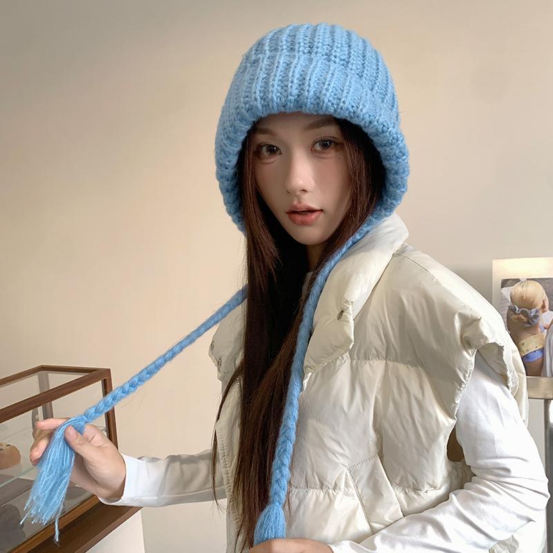Knitted Balaclava Hat Women's Winter Lace-Up Warm Ear Protector Outdoor Riding Versatile Cold-proof Wool Hat