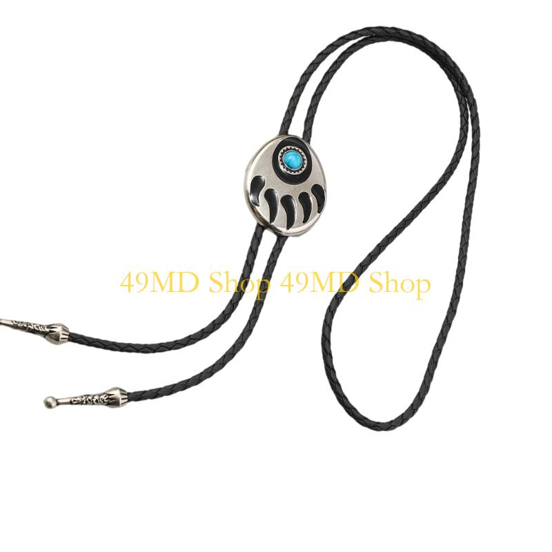 49MD Bear Claw Stone Bolo Tie Western Cowboy Adjustable PU Leather Jewelry Necklace