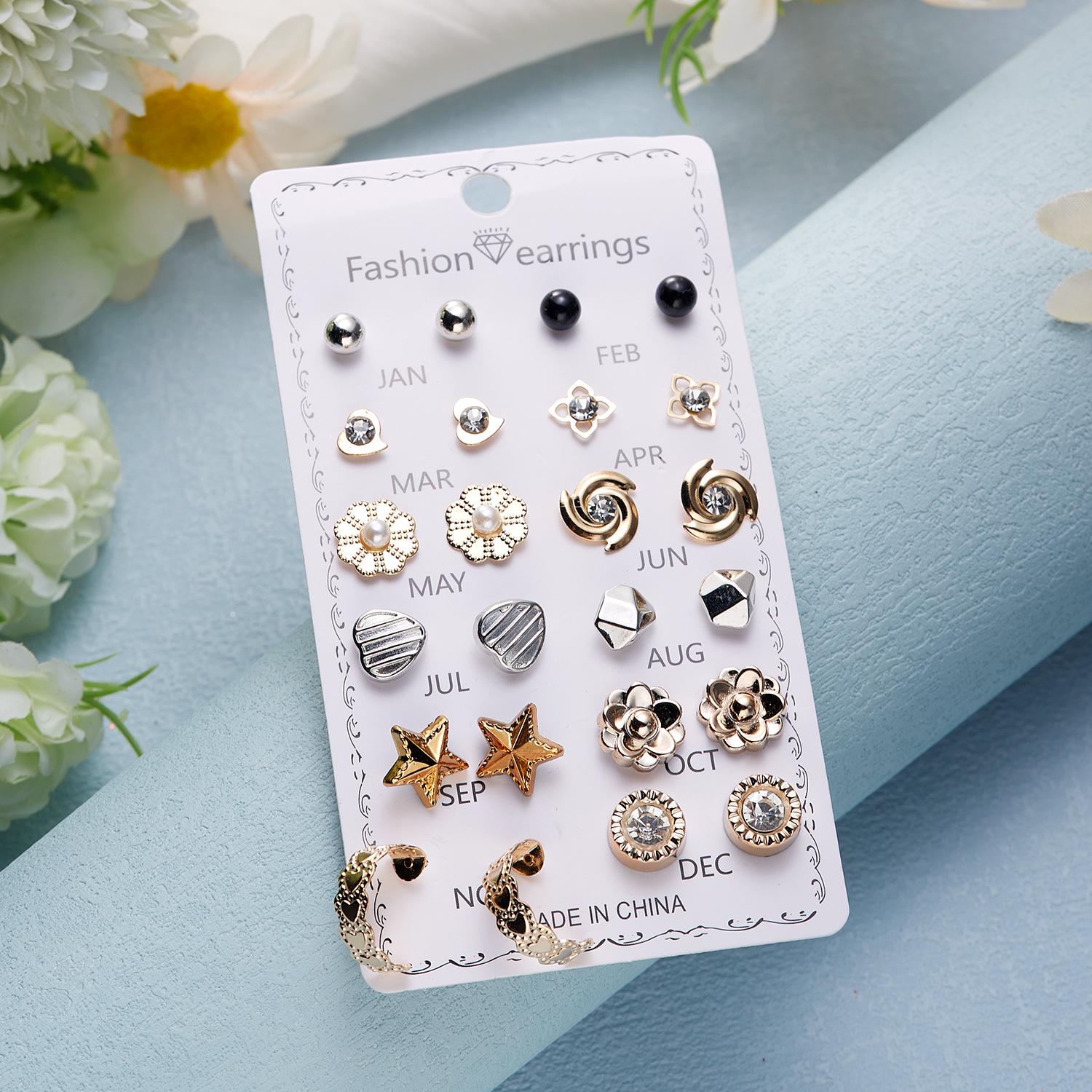 

12 Pairs/set Crystal Simulated Pearl Stud Earring Sets For Women Shiny Rhinestone Flower Moon Star Metal Earring Mixed Jewelry
