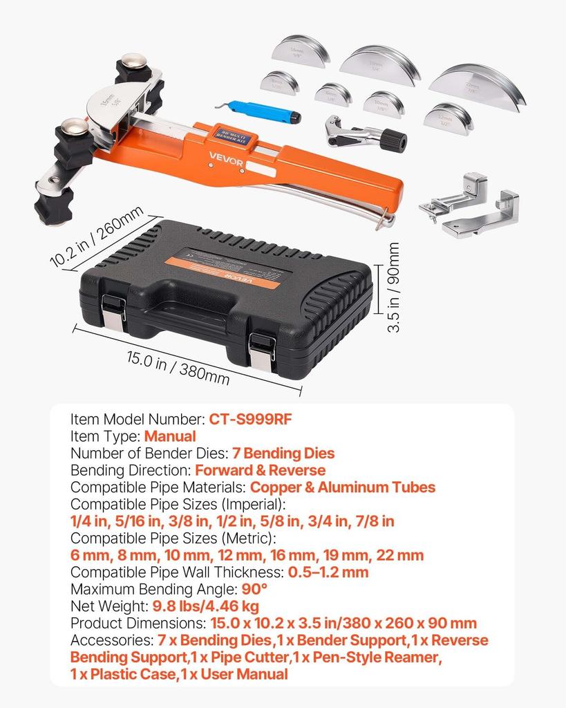 Rohrbieger-Set, 6 mm bis 22 mm, Kompakter Ratschen-Rohrbieger, Vorwärts-/Rückwärts-Handbiegewerkzeug, mit 7 Aluminiumlegierungs-Formen, für Kupfer-HVAC
