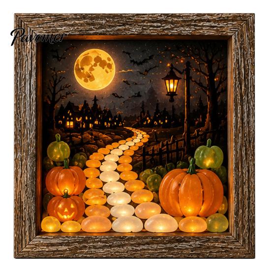 Handmade Halloween Room Decorations DIY Shadow Box Night Light Kit, 8.5 Inch Wooden Frame LED Craft Set with Fall Home Decor Projects Luminous Stones