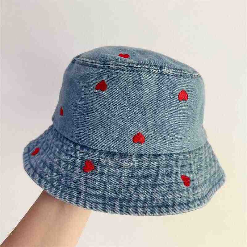 Red heart embroidered cowboy bucket hat female Harajuku retro Hong Kong wind basin hat Internet celebrity spring and summer visor bucket hat