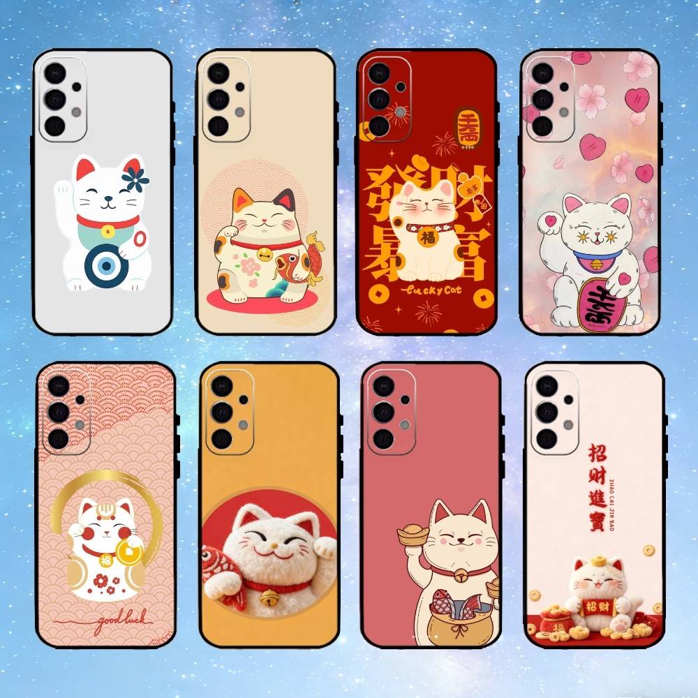Uroczy Szczęśliwy Kot Maneki Neko Etui na Telefon Dla Samsung S25,S24,S23,S22,S21,S20,Ultra,Plus,FE Czarne Miękkie Etui