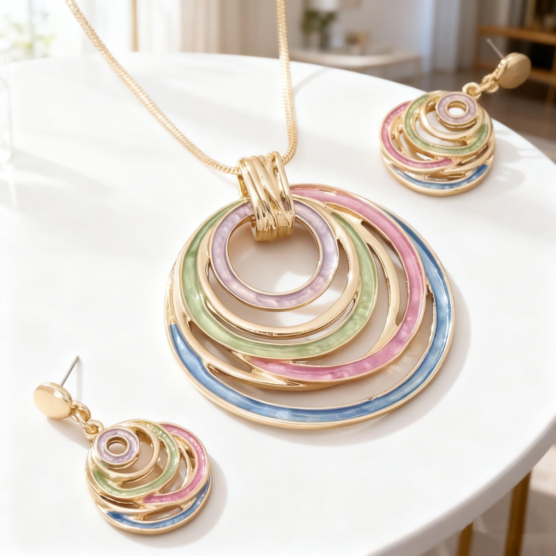 

Multi-layer color oil drop ring pendant necklace earrings set women s new fashion exaggerated design accessories gift