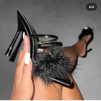 2024 Spitz zulaufende High Heels für Damen 2024 Sommer Neue sexy Federdekoration Einfache Stiletto-Hausschuhe 2024 Bankett Offene Zehen-Pantoletten
