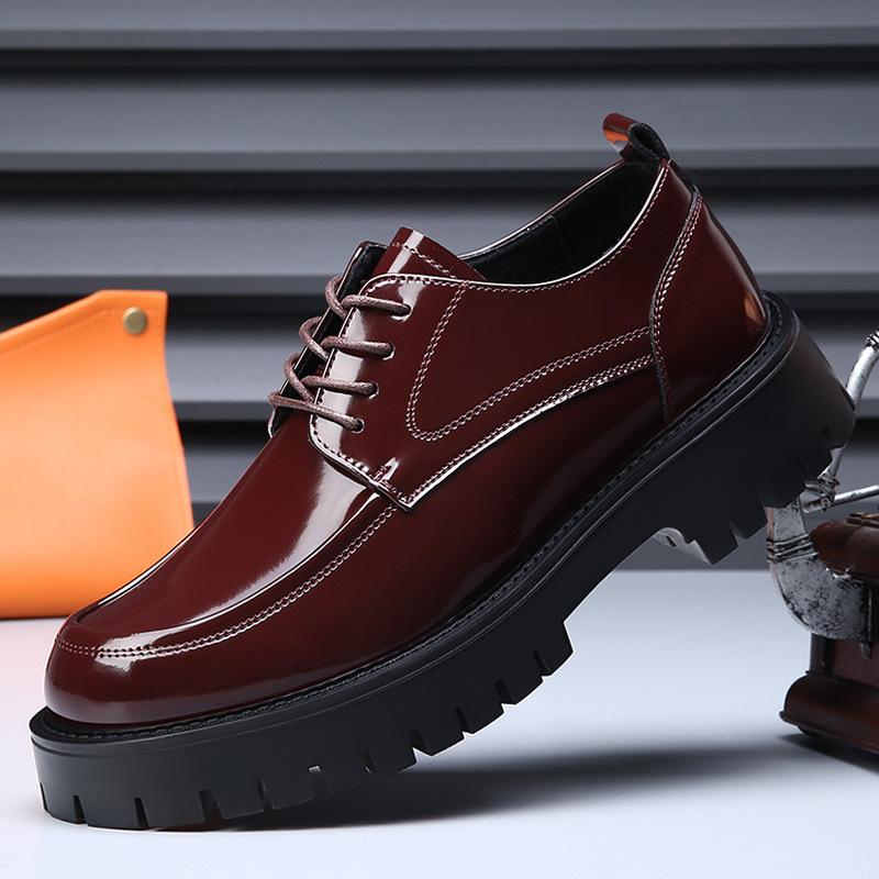 Spring and Summer New Breathable Men's Big Head Leather Shoes Platform Sole Patent Leather Glossy Business Casual Shoes Hairstylist Trendy Shoes