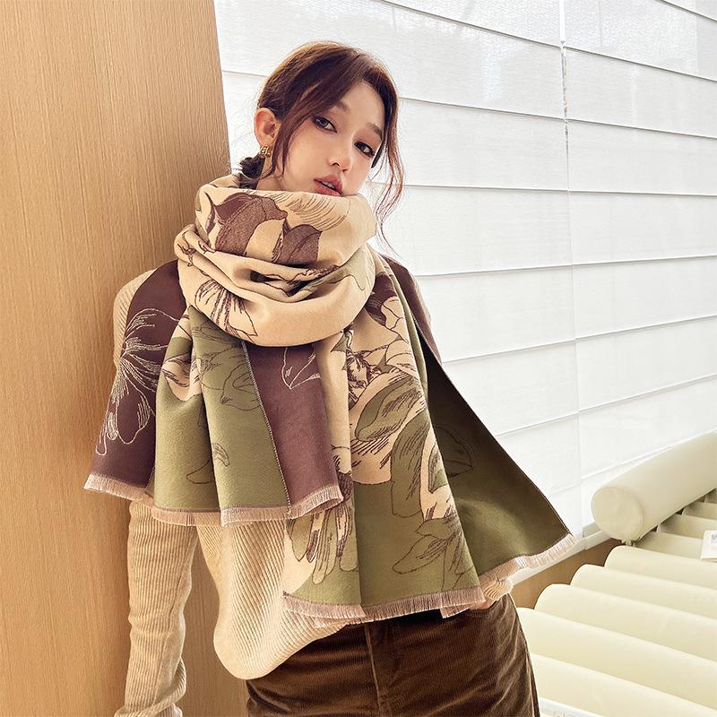 Exquisite New Magnolia Flower Fragrance Imitation Cashmere Scarf Winter High End Fashion Double-sided Scarf Thickened Cold Proof Shawl