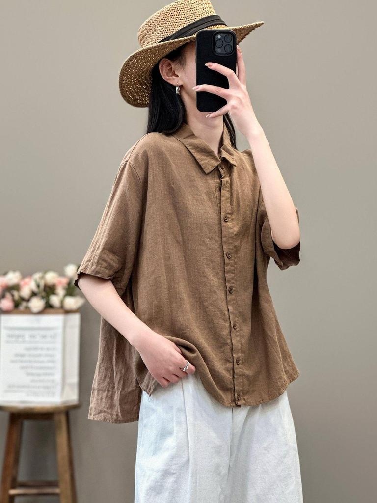 Women's Retro-Style Cotton & Linen Five-Sleeve Lapel Shirt for Spring/Summer