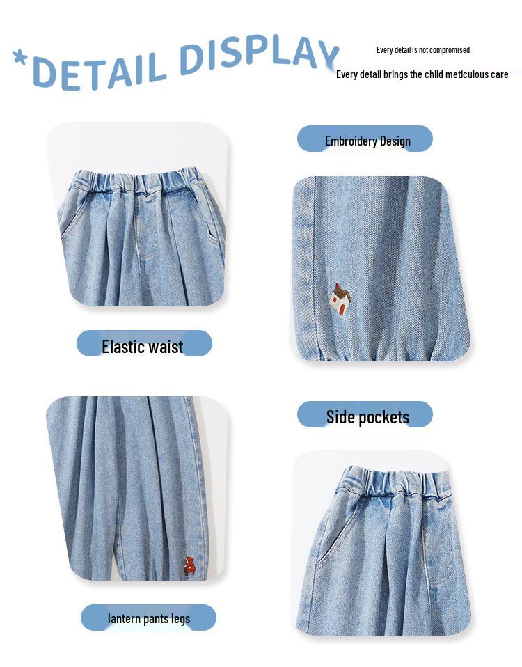 Girls' Soft Denim Lantern Jeans with Bow Embroidery - Baby Girl Fashionable Korean Style Pants for Spring and Autumn
