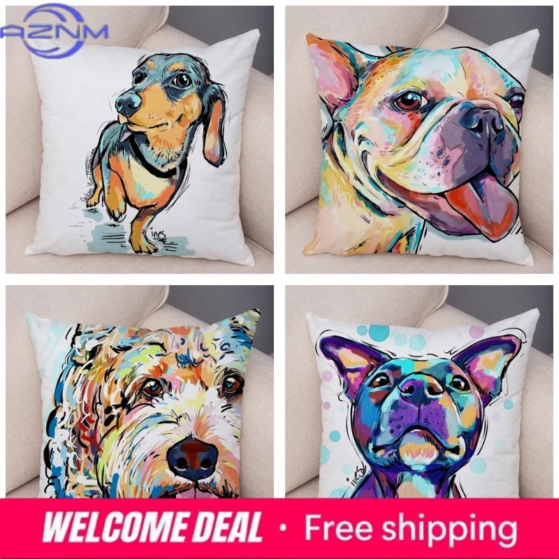Style Cute Watercolor Pet Dog Pillow Case Decor Cartoon Animal Pillowcase Soft Plush Cushion Cover for Car Sofa Home xcm