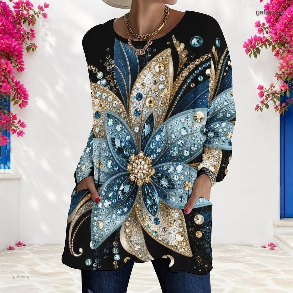 Women Plus Size Round Neck Long Sleeve Black Printed Loose Longline T Shirt With Pockets