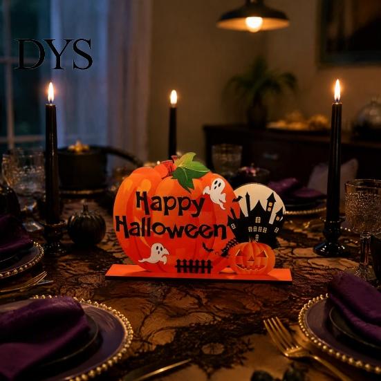 Handcrafted Wood Table Centerpieces Halloween Pumpkin Wooden Centerpiece, Creative Haunted House & Ghost Festive Desktop Display Pieces Ornament