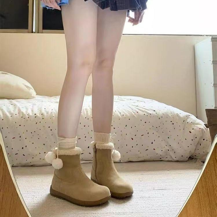 Snow Boots Women's Winter 2025 New Mori Retro Velvet Warm Cotton Shoes Flat Bottom Ugly Cute Fluffy Cotton Short Boots