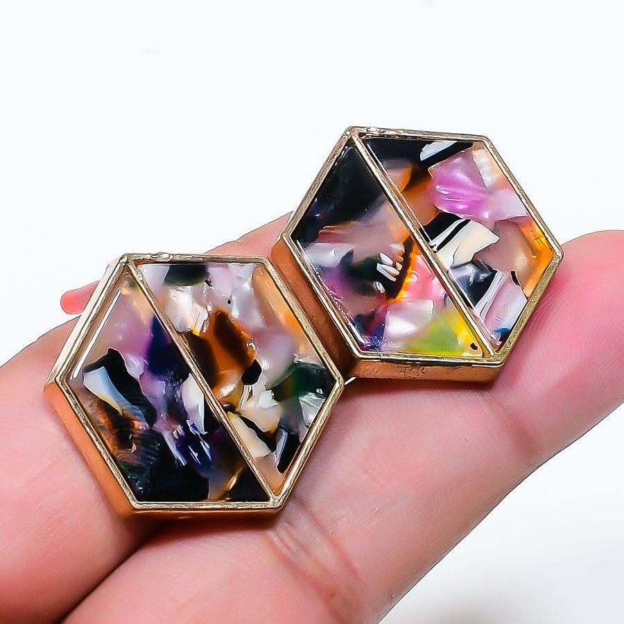 Natural Dendrite Opal Gemstone Brass Jewelry Earring 1.02  RE-126