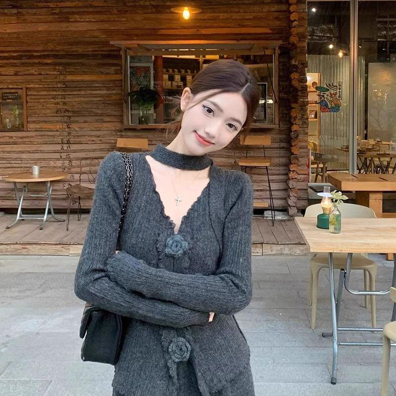 

3D Floral V-Neck Ribbon Knit Top & High Waist Slimming Skirt Set for Women - 2026 Spring Fashion Small