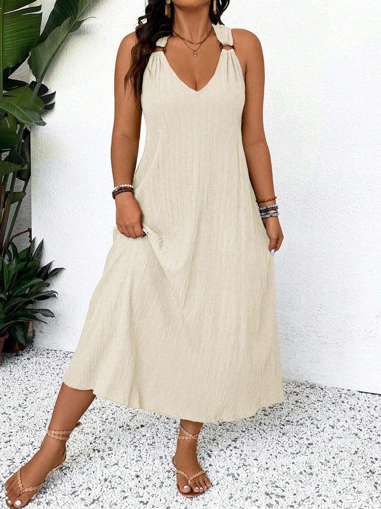 Damen Halterneck Plissee Midi Kleid Übergröße - Sommerlich Lässig Strandmode