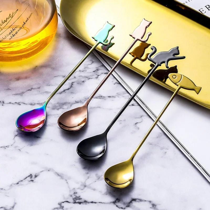 1 PC Fashion Stainless Steel Spoon Creative Cartoon Coffee Spoon Cute Cat Dessert Spoon Cartoon Fish Cake Gift