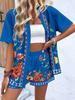 2026 Summer New Fashion Women's Flower Print Two-piece Outfits Casual Vacation Short Sleeve Cardigan + Shorts Set 100% Polyester