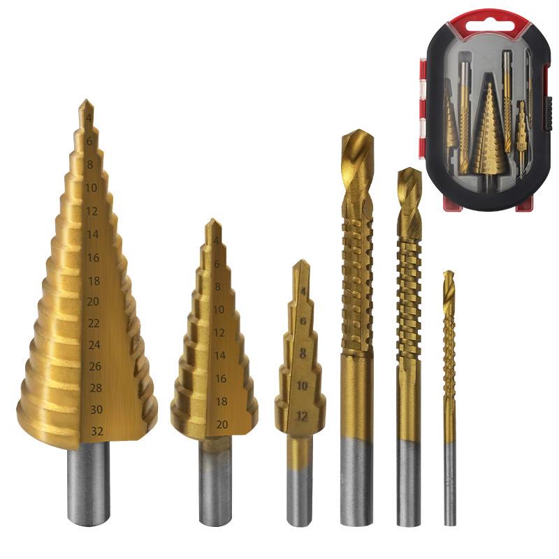6-Piece Titanium-Plated Pagoda Step Drill Bit Set with Triangle Shank for Woodworking and Grooving