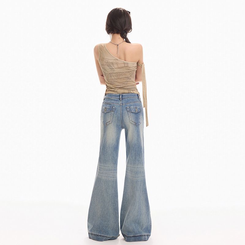 Spring Summer Vintage Low Waist Slim Micro Flare Denim Pants For Women Casual Pants Oversize Denim Trousers