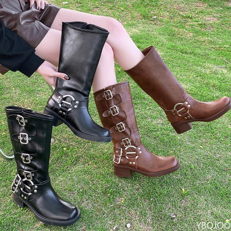 Fashion boots with belt buckle Spring Autumn new style thick heel increased height simple comfortable versatile women's boots