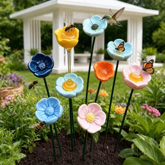 Flower Bird Feeder with Stake, Resin Garden Water Station, Outdoor Bird Bath for Yard, Hanging Floral Ornament