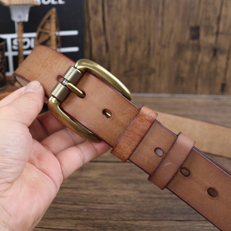 Men's Genuine Vegetable-Tanned Cowhide Leather Belt with Pin Buckle - Retro and Fashionable for Trousers & Jeans