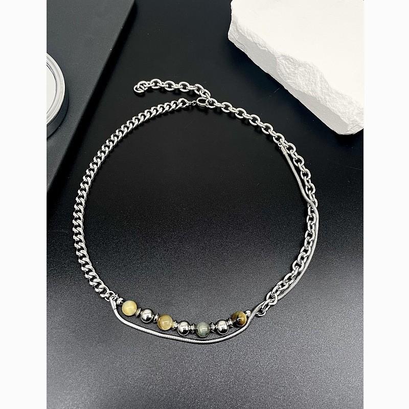 Geometric Stainless Steel Necklace With Natural Stone Beads For Unisex Fashion