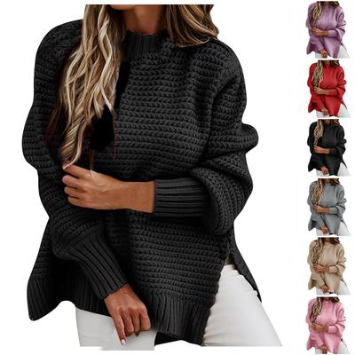 Damenmode Halber hoher Kragen Locker Einfarbig Langarm Dicke Nadel Seitenschlitz Strickpullover