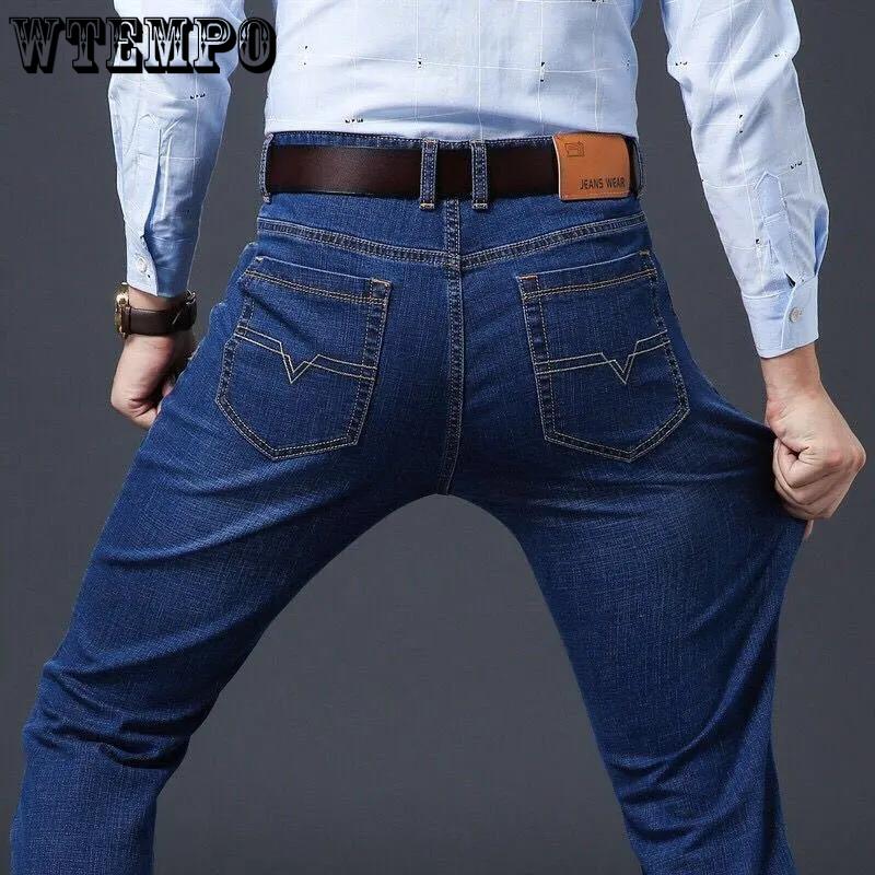 

WTEMPO эластичные мужские джинсы, мужские летние свободные повседневные рабочие мужские брюки с прямыми штанинами и высокой талией