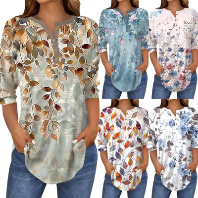 3/4 Sleeve Shirts For Women's Fashion Casual Round Neck Printed T-Shirt Top