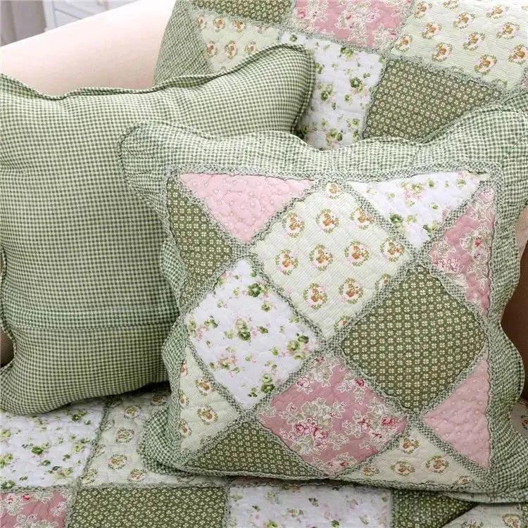 Quilted Backrest Cushion Cover, Cotton, Green Patchwork, No Insert
