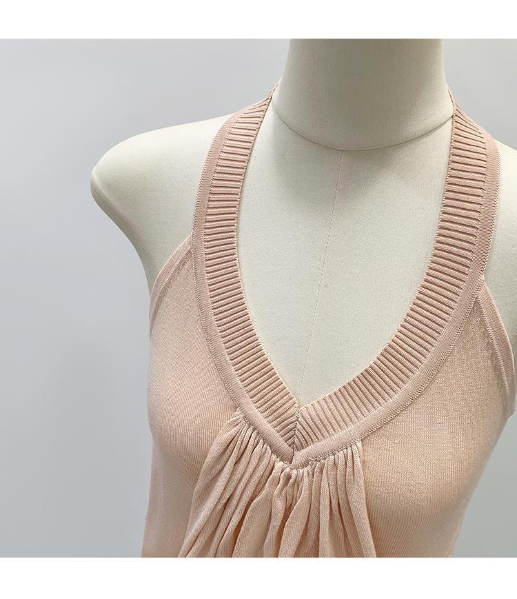 Design-Conscious Pink Pleated Halter Neck V-Neck Open-Back Slim Camisole for Women - New 2026 Summer Style