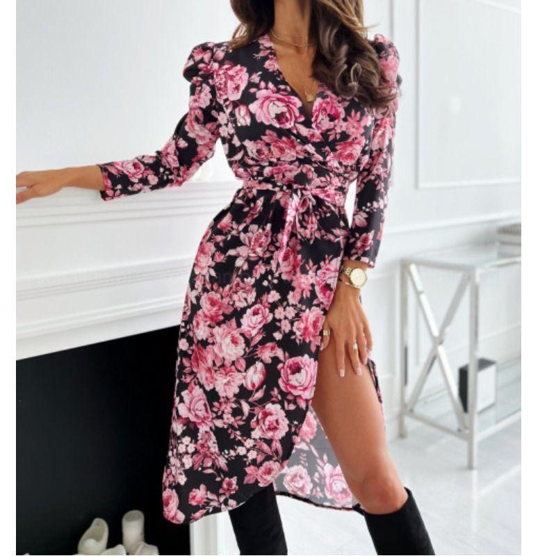 European Station Spring and Autumn New Fashion V-neck Floral Lace-up Waist Split Mid Length Long Length Long-Sleeved Dress Women's Dress