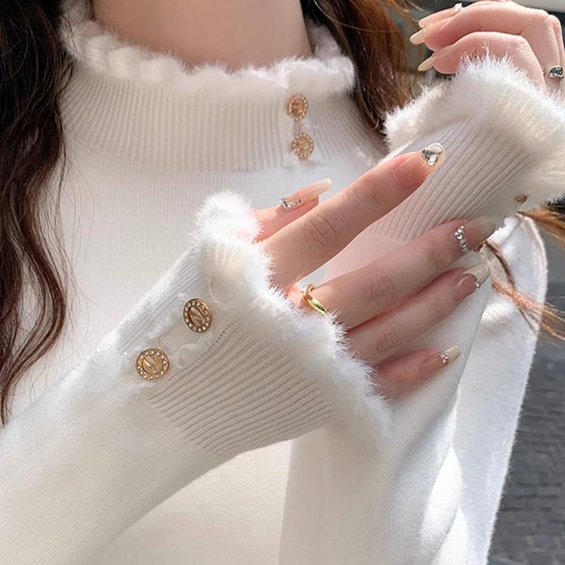 

Женский свитер большого размера с флисовой подкладкой: Осень/Зима 2025 Базовый слой с полувысоким воротом XL (120-150 jin) белый