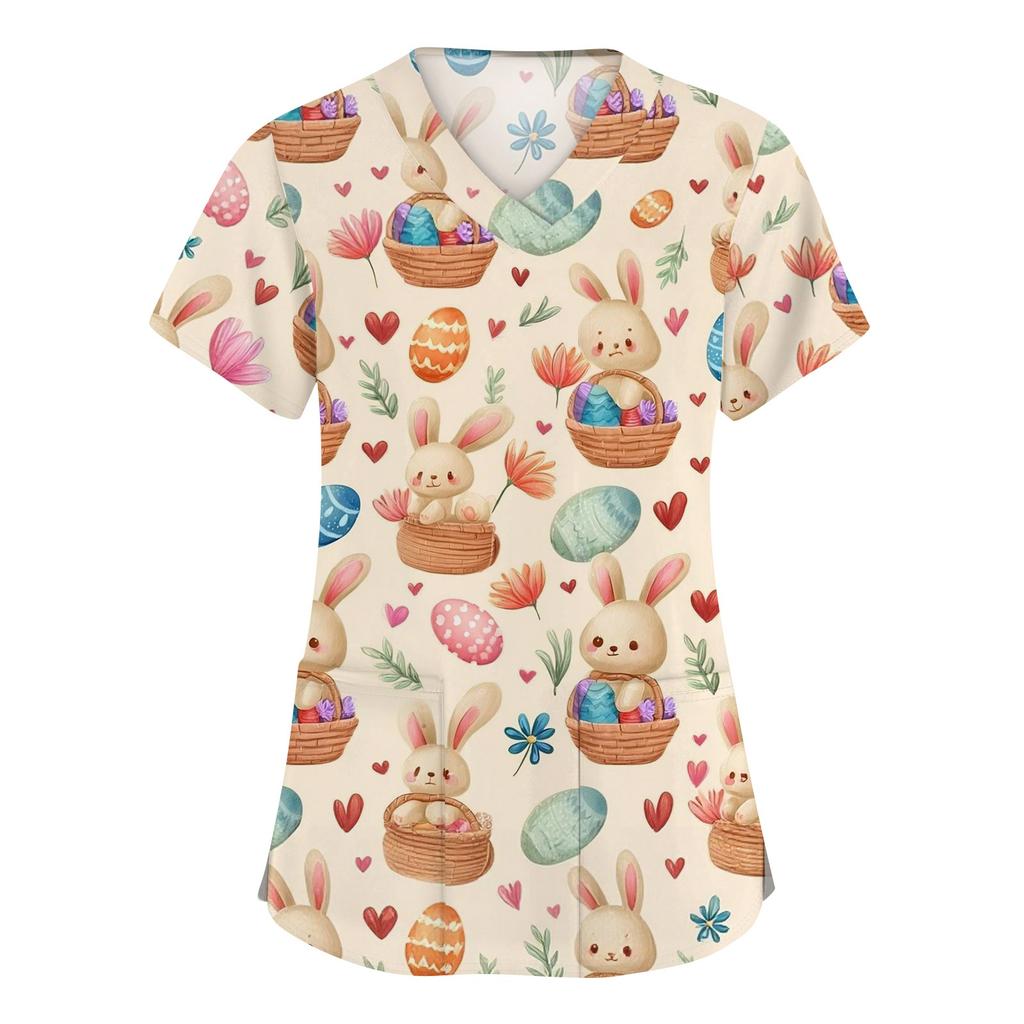 Women's Fashion V-neck Short Sleeve Workwear With Pockets Printed Tops