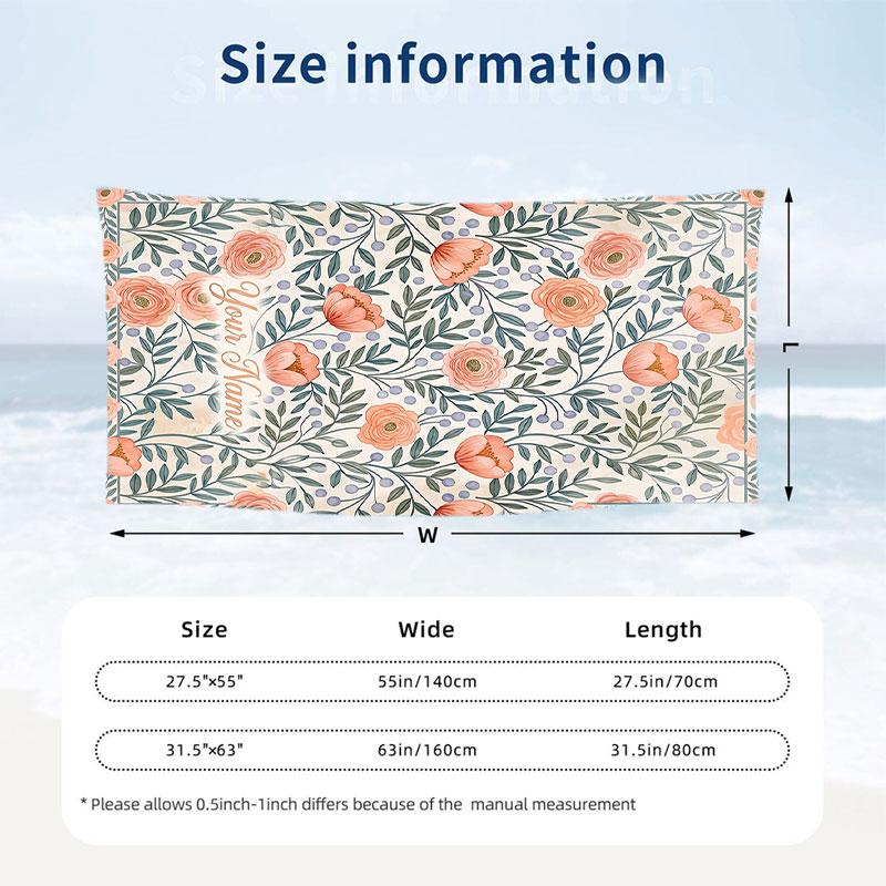 Floral Garden 3 Theme Quick Dry Beach Towel Custom Name Text Print Large Sand Resistant Towel Beach Vacation