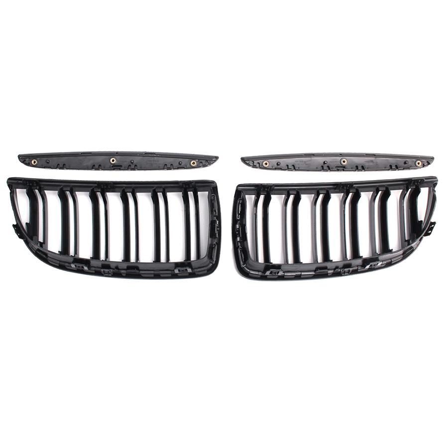 1 Pair Front Gloss Black 2 Line Double Slat Kidney Grille Grill For BMW E90 E91