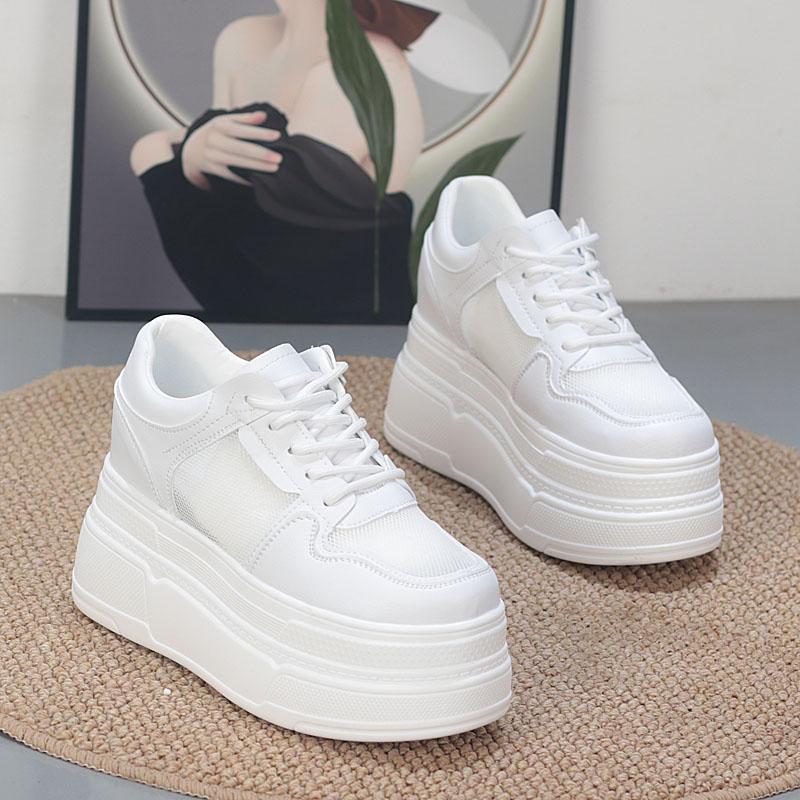 Fashion 10CM Air Mesh Chunky Sneaker Genuine Shoes Mules Shoes Summer Platform Wedge Women Women Microfiber Leather Slippers Slides